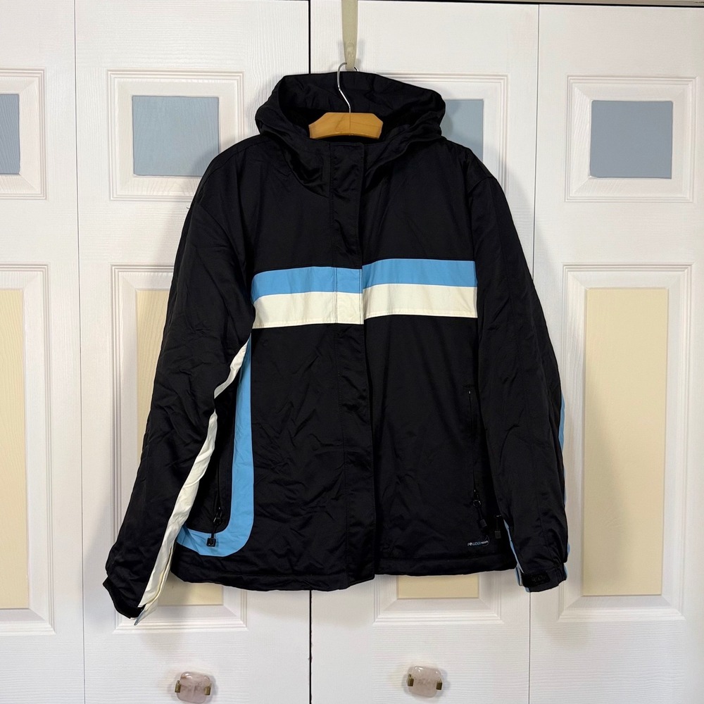 Powder Room Womens Large Snowboard Jacket Black Blue Colorblock Faux Fur Lined